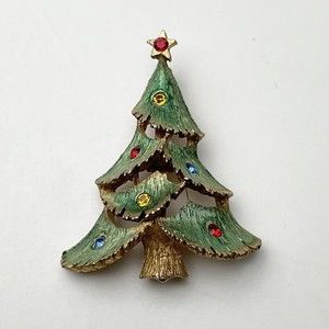 Vintage Signed JJ (Jonette) Christmas Tree BROOCH Green With Colorful Crystals